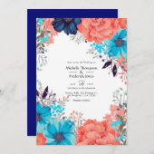 Hochzeit von Royal Blue, Türkis und Korallenflora Einladung (Vorne/Hinten)