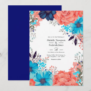 Hochzeit von Royal Blue, Türkis und Korallenflora Einladung