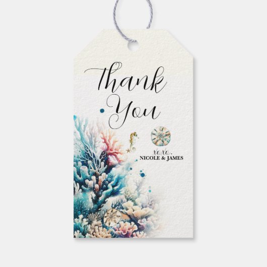 Hochzeit von SandDollar Ocean Splash Sea Watercolo Geschenkanhänger (Rückseite)