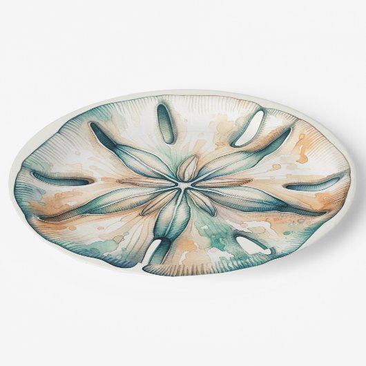 Hochzeit von SandDollar Ocean Splash Sea Watercolo Pappteller (Schrägansicht)