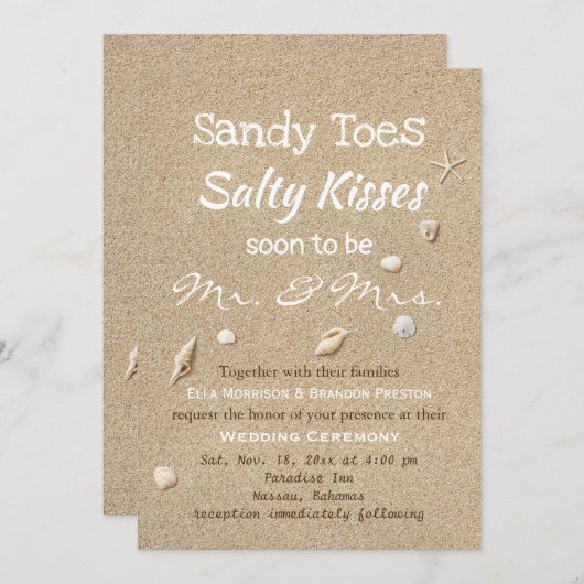 Hochzeit von Sandstrand und weißer Typografie Einladung (Vorne/Hinten)