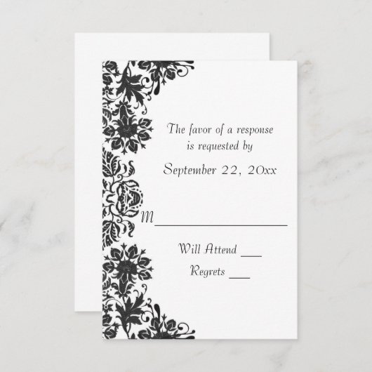 Hochzeit von Schwarz-Weiß-Damast RSVP Karte (Vorne/Hinten)
