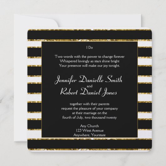 Hochzeit von Schwarz-weißen Glitzer und Gold Einladung (Vorderseite)