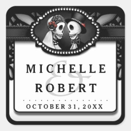 Hochzeit von Schwarz-weißen Spitzen-Namen Skelette Quadratischer Aufkleber