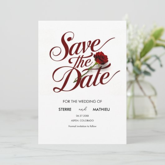 Hochzeit von Script-Rote Rosen Save The Date (Stehend Vorderseite)