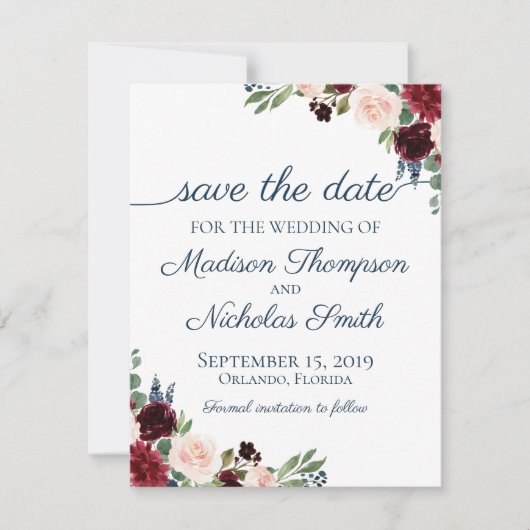 Hochzeit von Seestreitkräften und Marsala Floral: Save The Date (Vorderseite)