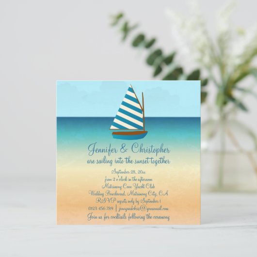 Hochzeit von Segelbooten in Blau und Weiß Einladung (Stehend Vorderseite)