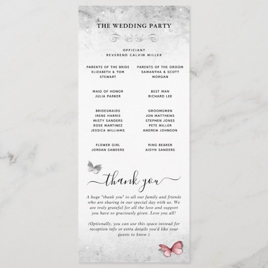 Hochzeit von Silber und Rosa Butterfly Programm (Rückseite)