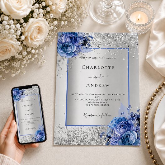 Hochzeit von Silberblauen Blumen Einladung