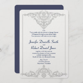 Hochzeit von Silver White und Navy Damask Einladung