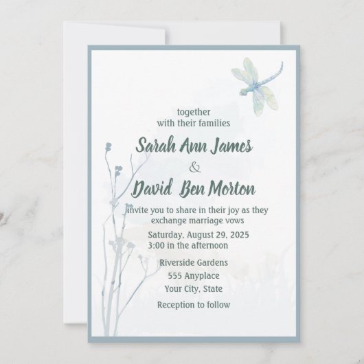 Hochzeit von Slate Blue Dragonfly Simple Greenerit Einladung (Vorderseite)