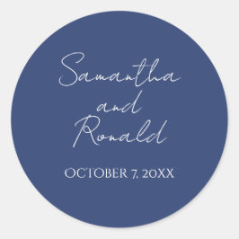 Hochzeit von Slate Blue Minimalistisch Calligraphy Runder Aufkleber