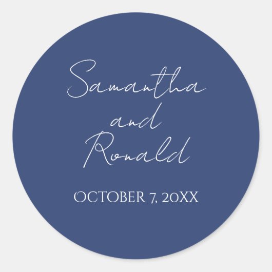 Hochzeit von Slate Blue Minimalistisch Calligraphy Runder Aufkleber (Vorderseite)
