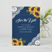 Hochzeit von Sonnenblumen Navy Blue Foto QR Code Save The Date (Stehend Vorderseite)