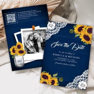 Hochzeit von Sonnenblumen Navy Blue Foto QR Code Save The Date