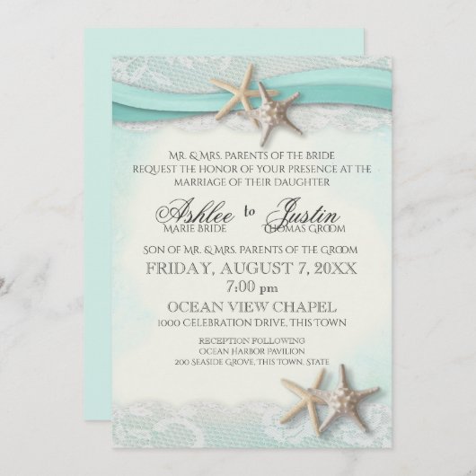Hochzeit von Starfish und Lace Beach Aqua Einladung (Vorne/Hinten)