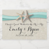 Hochzeit von Starfish und Ribbon Aqua Beach Schaumweinetikett (Einzelnes Label)
