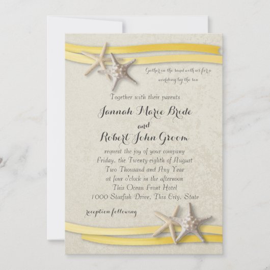 Hochzeit von Starfish und Ribbon Yellow Beach Einladung (Vorderseite)