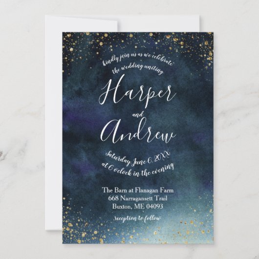Hochzeit von Starry Night Navy Blue Watercolor Einladung (Vorderseite)