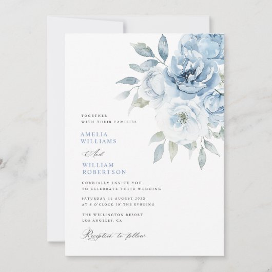 Hochzeit von staubblauer Blütenkalligrafie Einladung (Vorderseite)