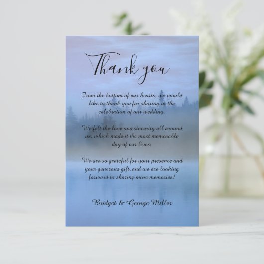 Hochzeit von staubblauer Waldlandschaft Dankeskarte (Stehend Vorderseite)