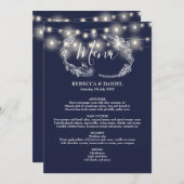 Hochzeit von String Lights Navy Blue Floral Menükarte (Vorne/Hinten)