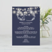 Hochzeit von String Lights Navy Blue Floral Menükarte (Stehend Vorderseite)