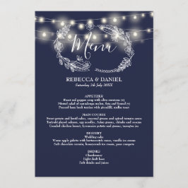 Hochzeit von String Lights Navy Blue Floral Menükarte