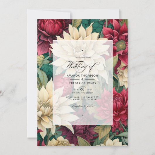 Hochzeit von tiefroter, cremiger und waldgrüner Bl Einladung (Vorderseite)