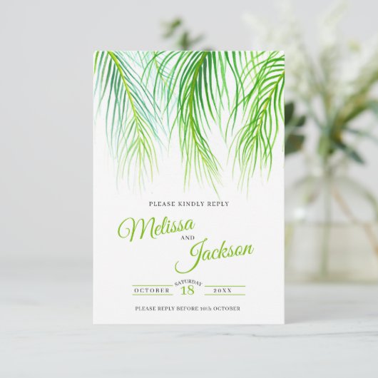 Hochzeit von tropischen Blattfarben RSVP Karte (Stehend Vorderseite)