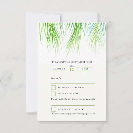 Hochzeit von tropischen Blattfarben RSVP Karte (Rückseite)