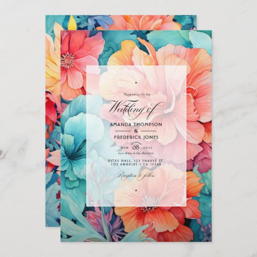 Hochzeit von Türkis und Korallen Einladung (Vorne/Hinten)