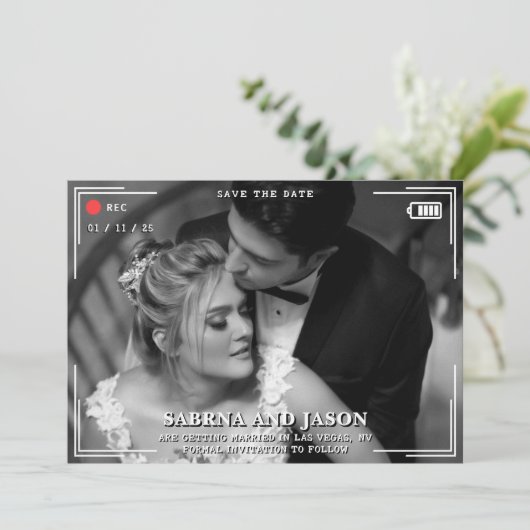 Hochzeit von Videokamera-Fotos Save The Date (Stehend Vorderseite)