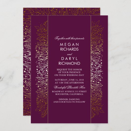 Hochzeit von Vintagem Gipskraut mit Gold und Plum Einladung (Vorne/Hinten)