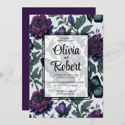 Hochzeit von Vintagen lila Magenta Einladung (Vorne/Hinten)