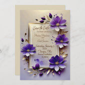 Hochzeit von violetten Goldblättern Save The Date (Vorne/Hinten)
