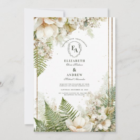 Hochzeit von Waldland Fern und Weißen Flora Einladung (Vorderseite)