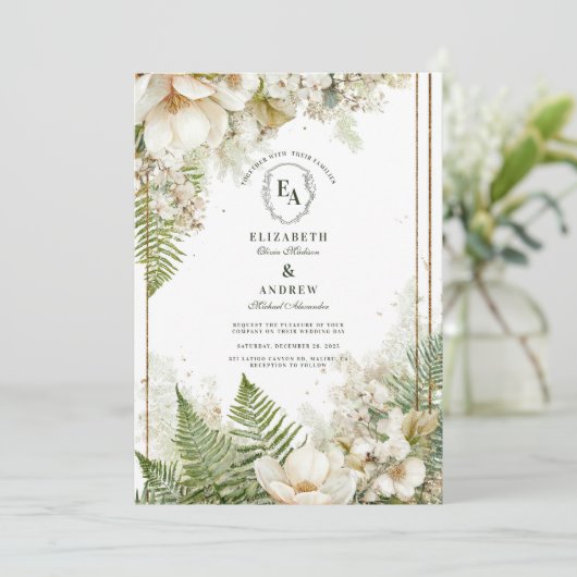 Hochzeit von Waldland Fern und Weißen Flora Einladung (Stehend Vorderseite)