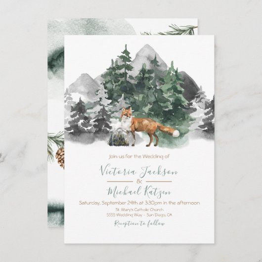 Hochzeit von Waldland fox Watercolor Einladung (Vorne/Hinten)