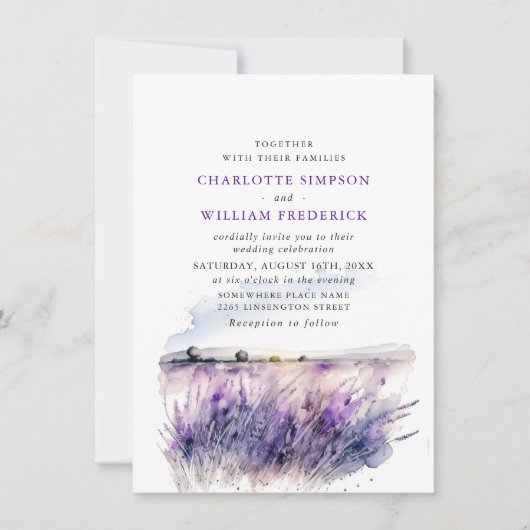 Hochzeit von Wasserfarben-Lavendel-Blume Einladung (Vorderseite)