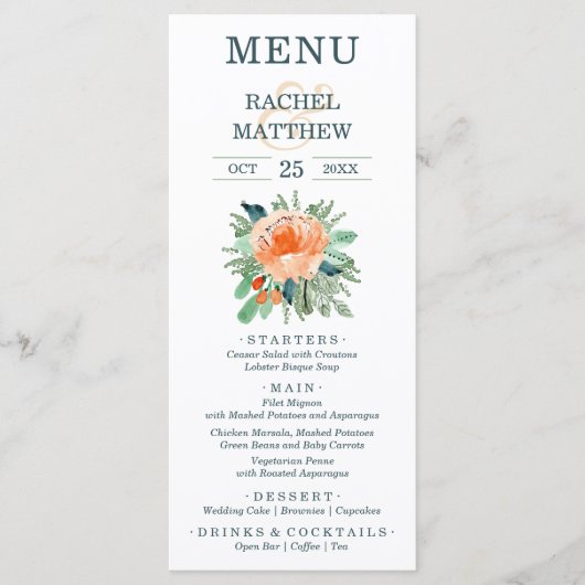 Hochzeit von Wasserfarben Peach floral Menükarte (Vorderseite)