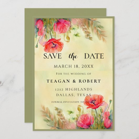 Hochzeit von Wasserfarben-Poppies Save The Date (Vorne/Hinten)