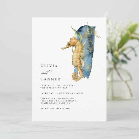 Hochzeit von Wasserfarben-Seepferd Einladung (Stehend Vorderseite)