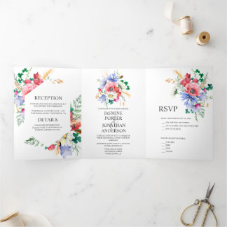Hochzeit von Wasserfarben-Wildblumen | Dreifach Gefaltete Einladung