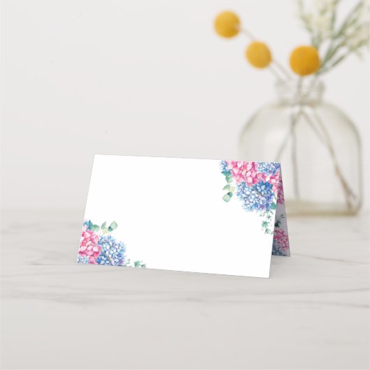 Hochzeit von Watercolor Blue und PInk Hydrangea Platzkarte (Vorderseite)
