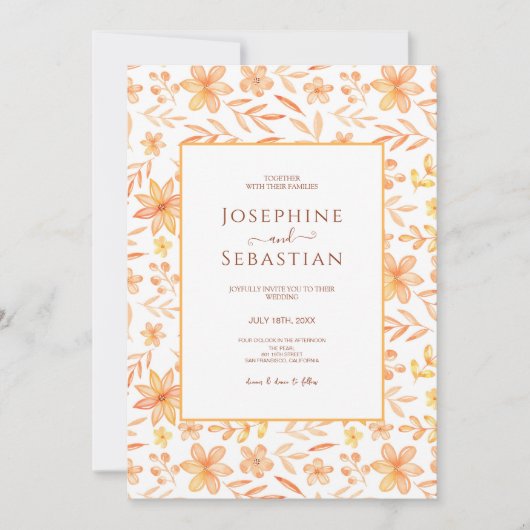 Hochzeit von Watercolor Burnt Orange Blumenmuster Einladung (Vorderseite)