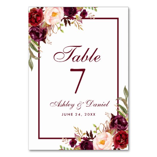 Hochzeit von Watercolor Floral Burgundy Tischnummer (Vorderseite)