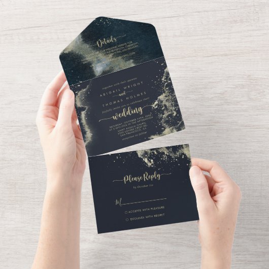 Hochzeit von Watercolor Gold Splash All In One Einladung (Abreißen)