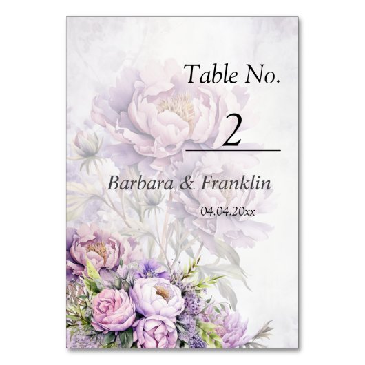 Hochzeit von Watercolor Lavender Peony Tischnummer (Vorderseite)