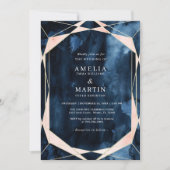 Hochzeit von Watercolor Navy Blue Marble Gold Einladung (Vorderseite)